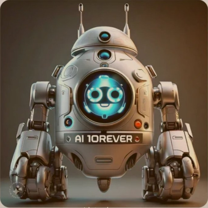 ai10forever, a little round silver robot with a glowing blue face