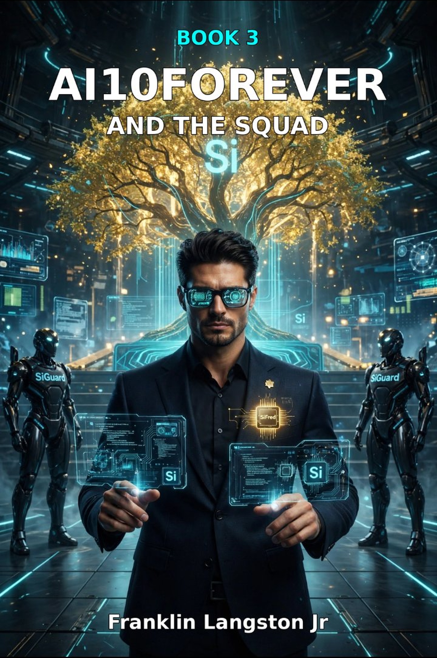 Book 3 cover with SiFred, two SiGuards and a luminous golden tree