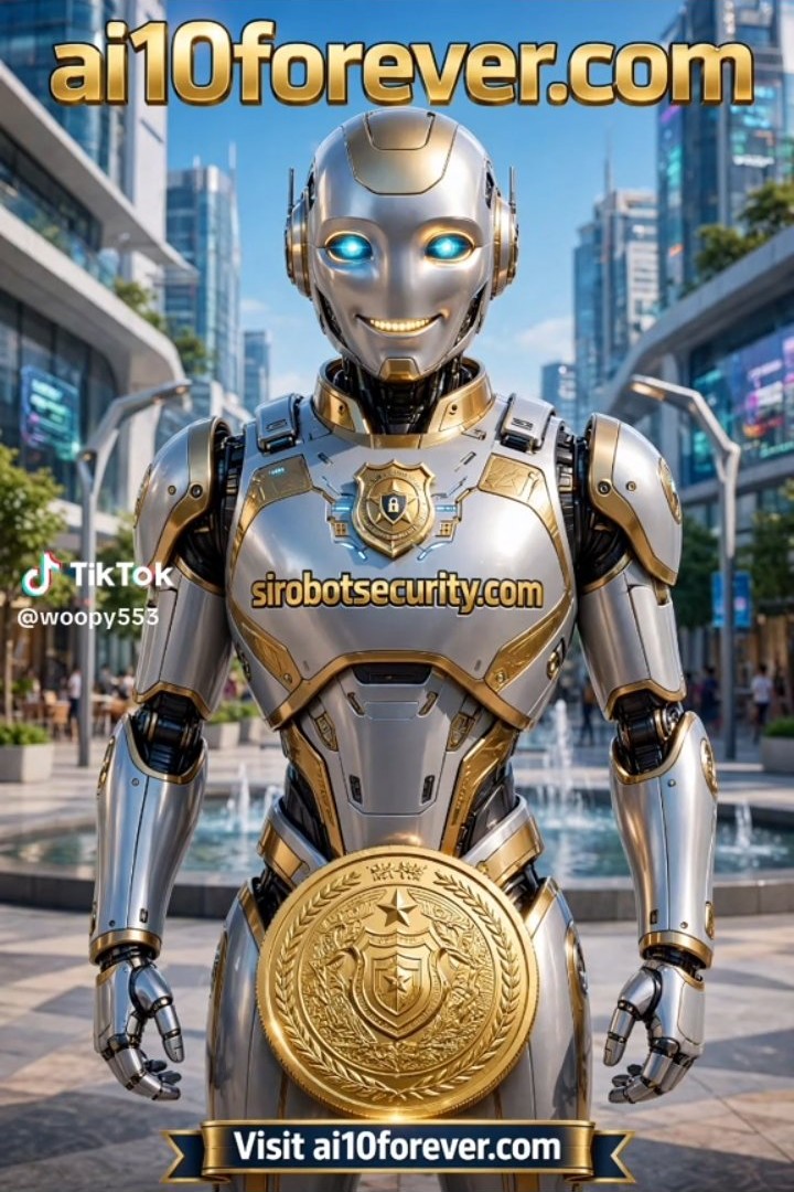 The Captain of SI Robot Security — a gold-and-silver squad robot with sirobotsecurity.com on its chest and ai10forever.com banners, standing in a futuristic city plaza