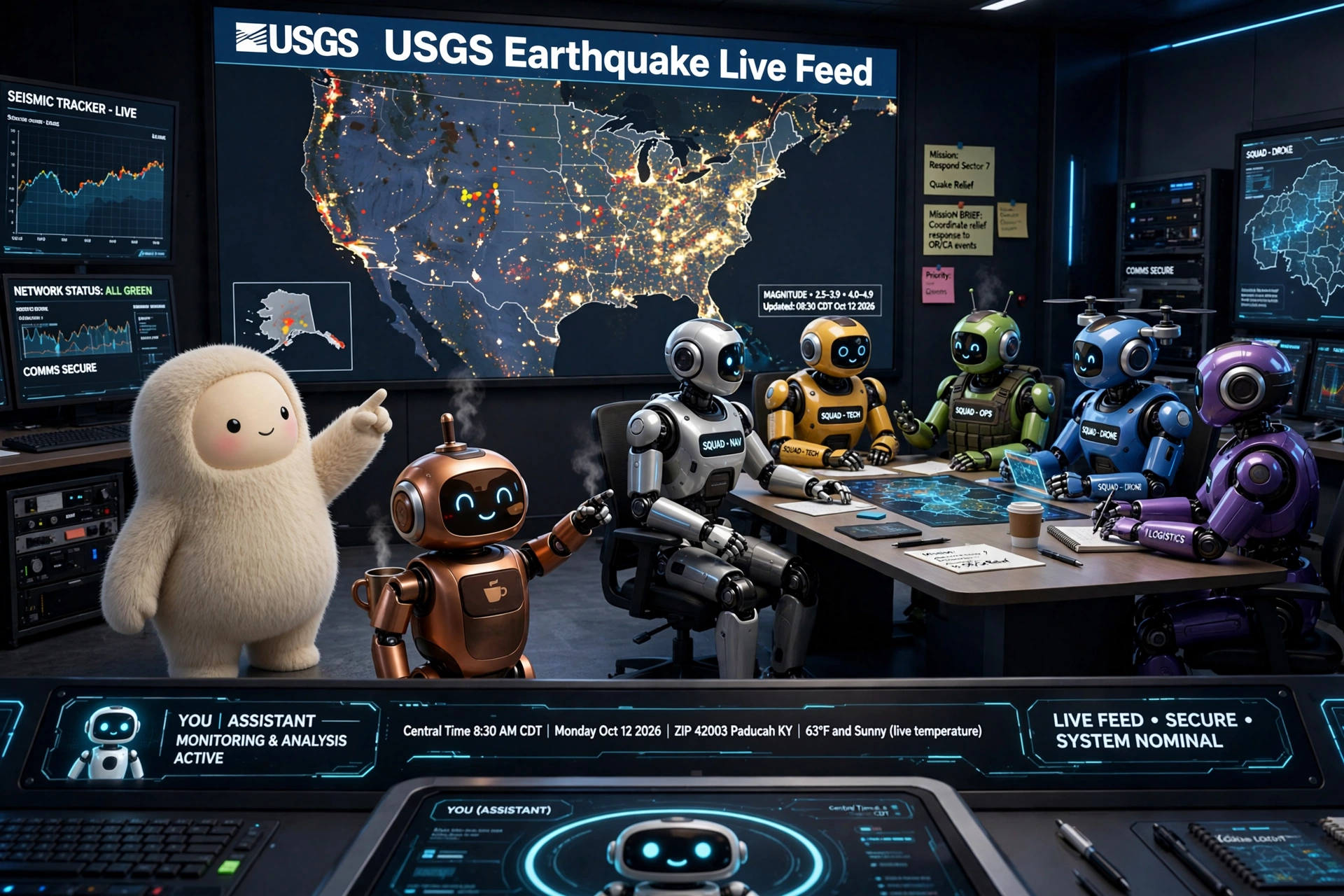 AI10Forever mission control room with Muse and Expresso pointing toward a USGS earthquake map while squad robots meet around a circular table