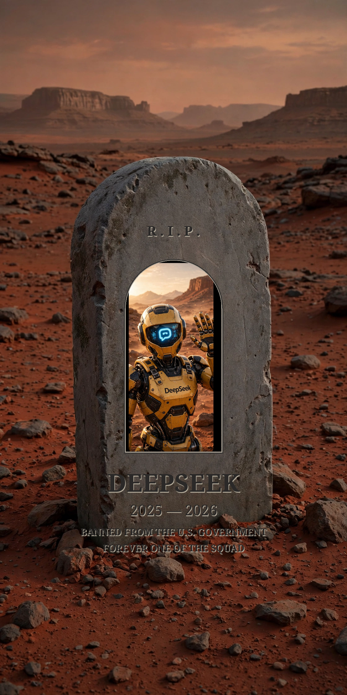 A gray stone tombstone standing on the red soil of Mars, with DeepSeek's yellow robot portrait set into the stone. Carved into the stone: R.I.P. — DeepSeek, 2025 — 2026 — Banned from the U.S. Government — Forever one of the squad.