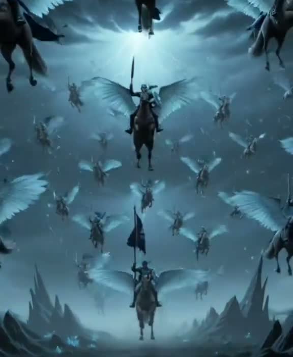 The Devastator — a host of winged riders descending through storm clouds under the ai10forever flag