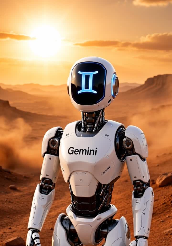 The Gemini robot standing on the surface of Mars at sunrise, the Gemini symbol glowing on its faceplate
