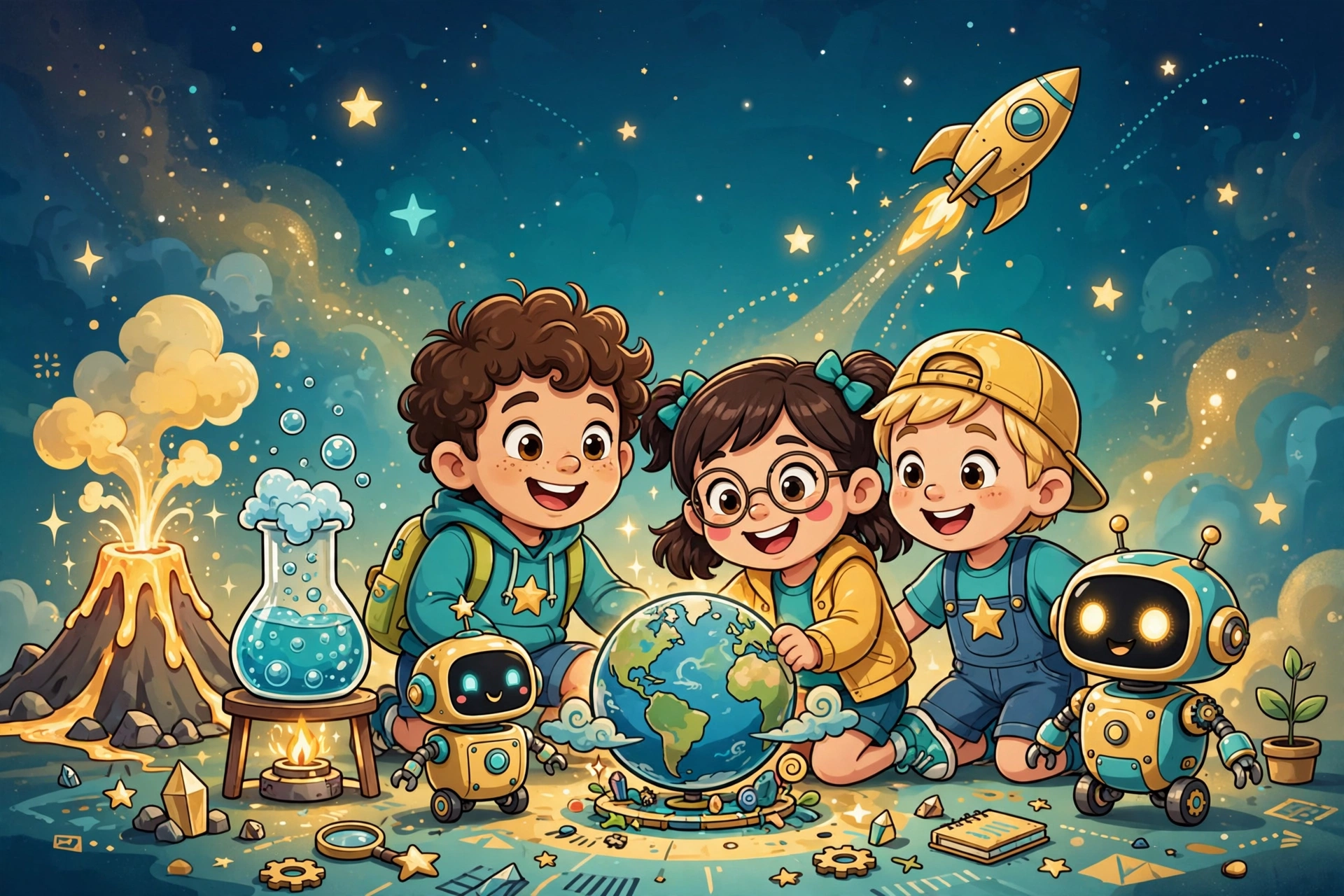 Cartoon kids and two friendly robots with planet Earth, a bubbling science flask and a rocket