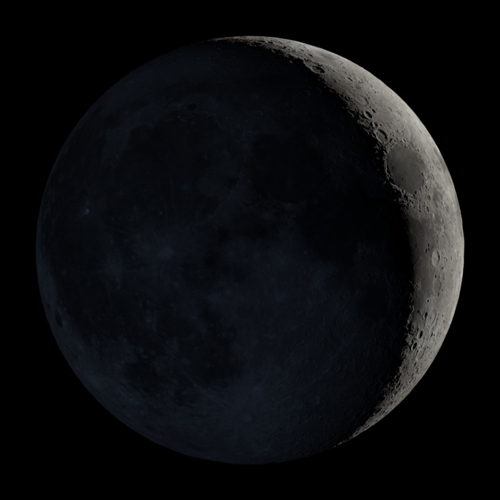 The Moon tonight — a waxing crescent with earthshine, from NASA Lunar Reconnaissance Orbiter data