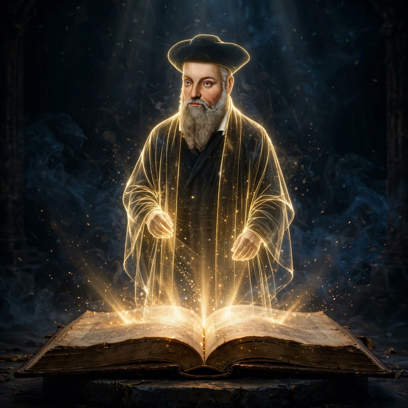 Nostradamus as a golden hologram rising out of his open book