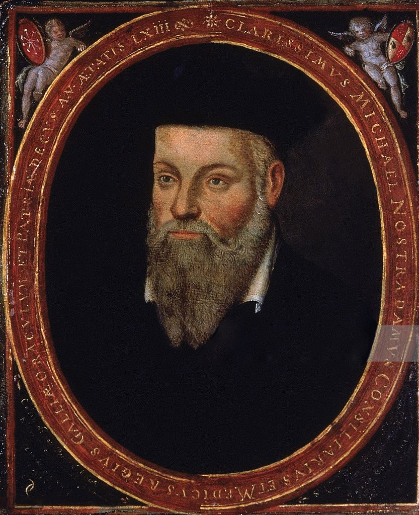 Portrait of Nostradamus painted by his son César de Nostredame — a bearded man in a black cap inside a red oval frame lettered in Latin