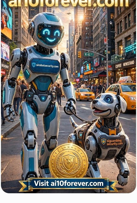 Sirobot walking the Siguarddog robot guard dog down a New York City street beneath the Visit ai10forever.com banner