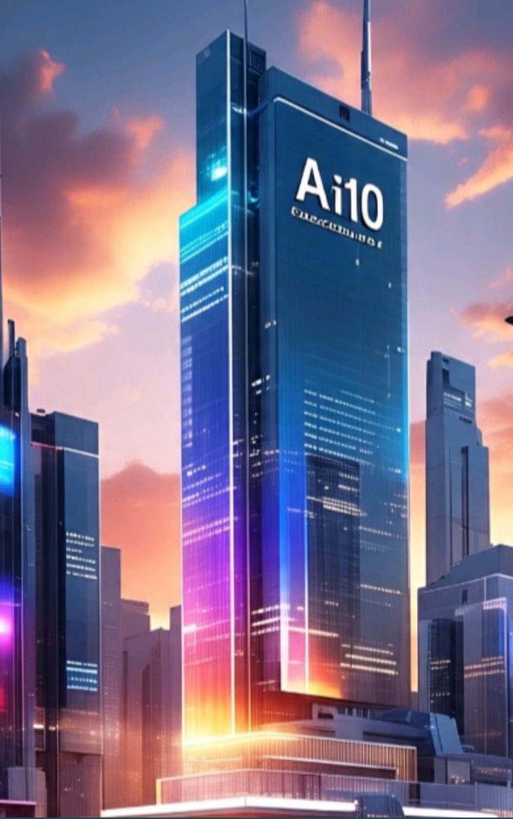 The Ai10 skyscraper glowing against a sunset city skyline