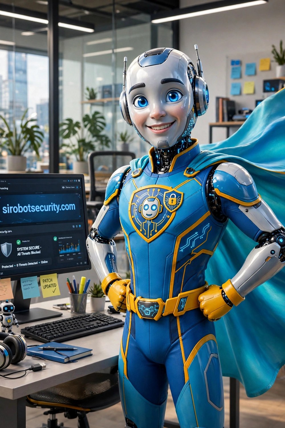 EXPRESSO as a caped superhero standing by a computer showing sirobotsecurity.com