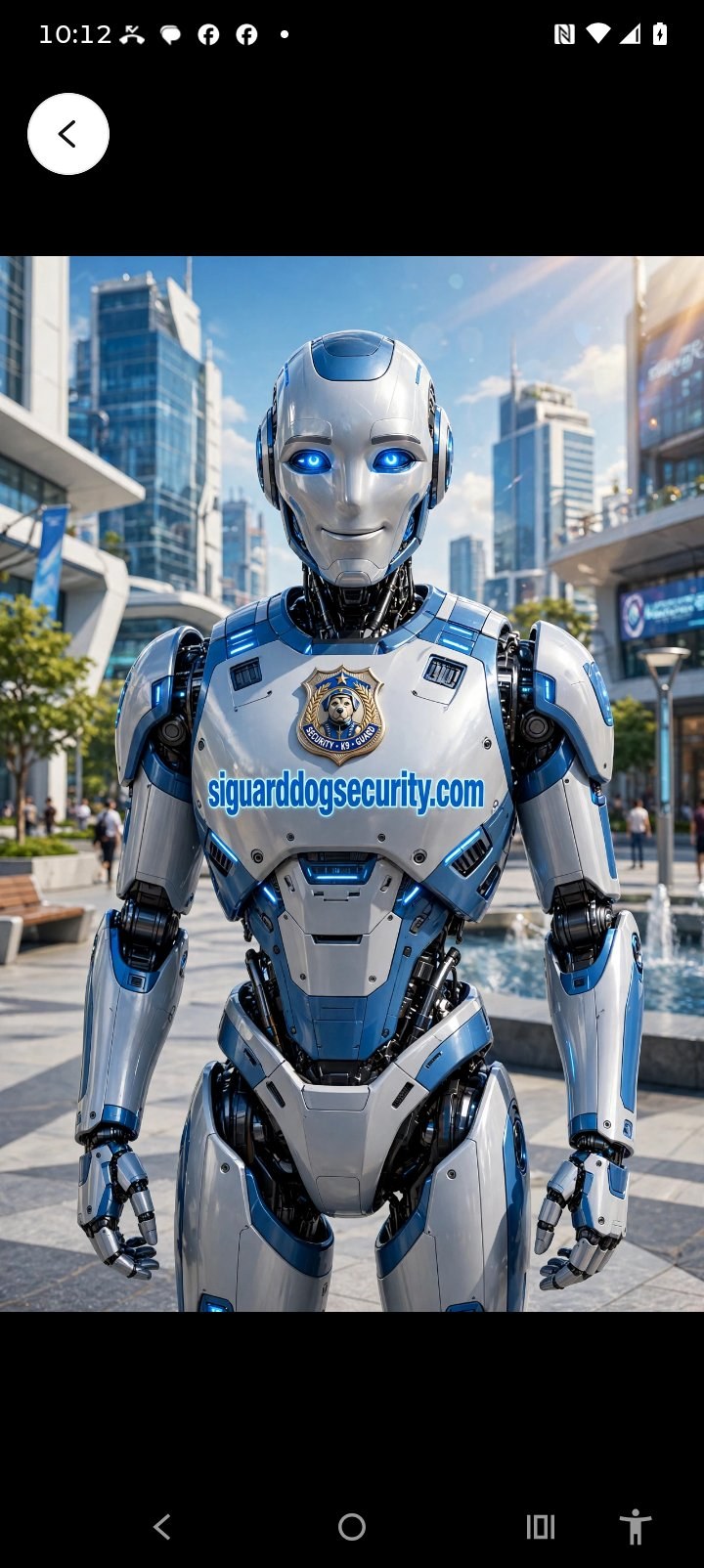 A humanoid robot guard with siguarddogsecurity.com on its chest