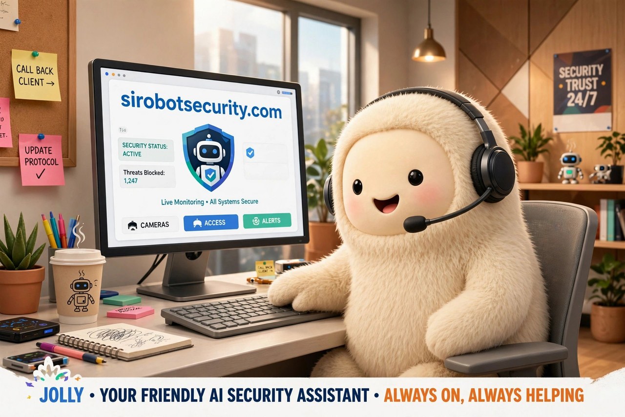 JOLLY, a friendly fluffy AI assistant wearing a headset at a computer showing sirobotsecurity.com