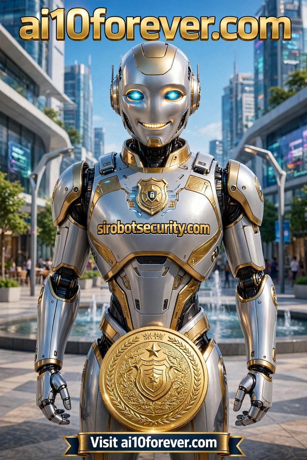 A humanoid robot with sirobotsecurity.com on its chest, ai10forever.com at the top and a gold coin at the bottom