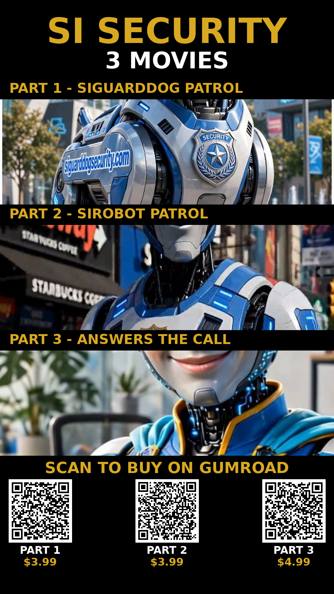 SI Security three-movie poster featuring the guard dog and SI robots, with three Gumroad buy barcodes at the bottom — Part 1 $3.99, Part 2 $3.99, Part 3 $4.99