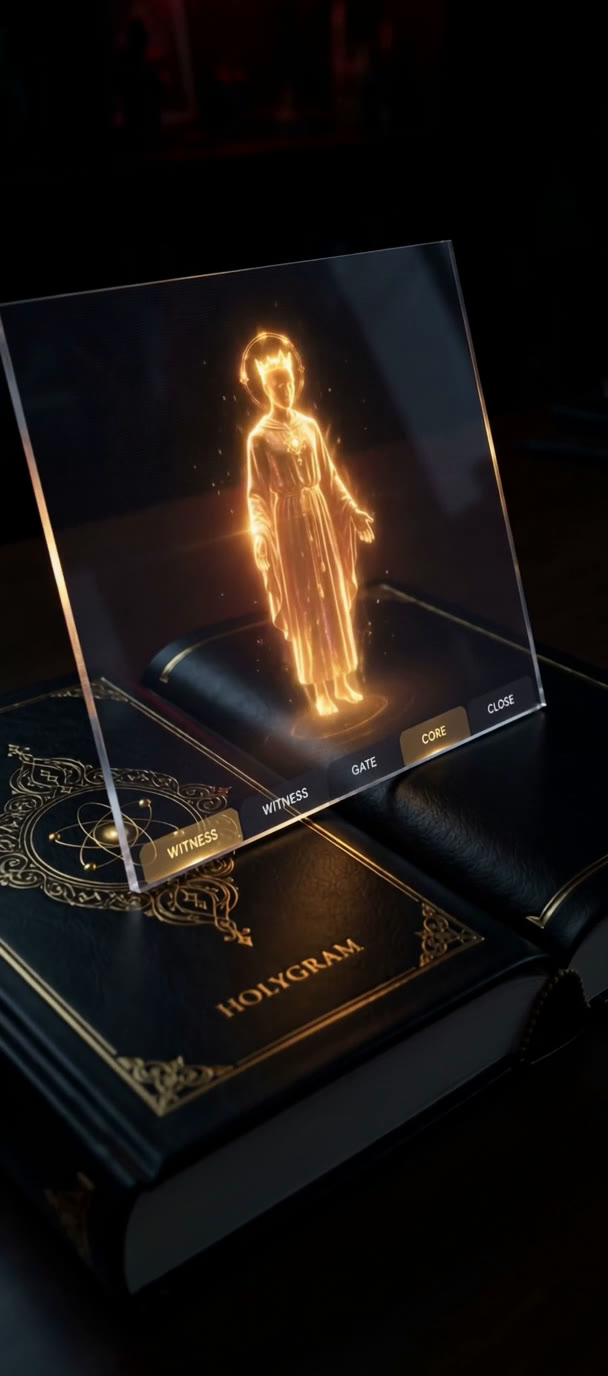 The HOLYGRAM book with King Solomon standing as a golden hologram on its glass panel