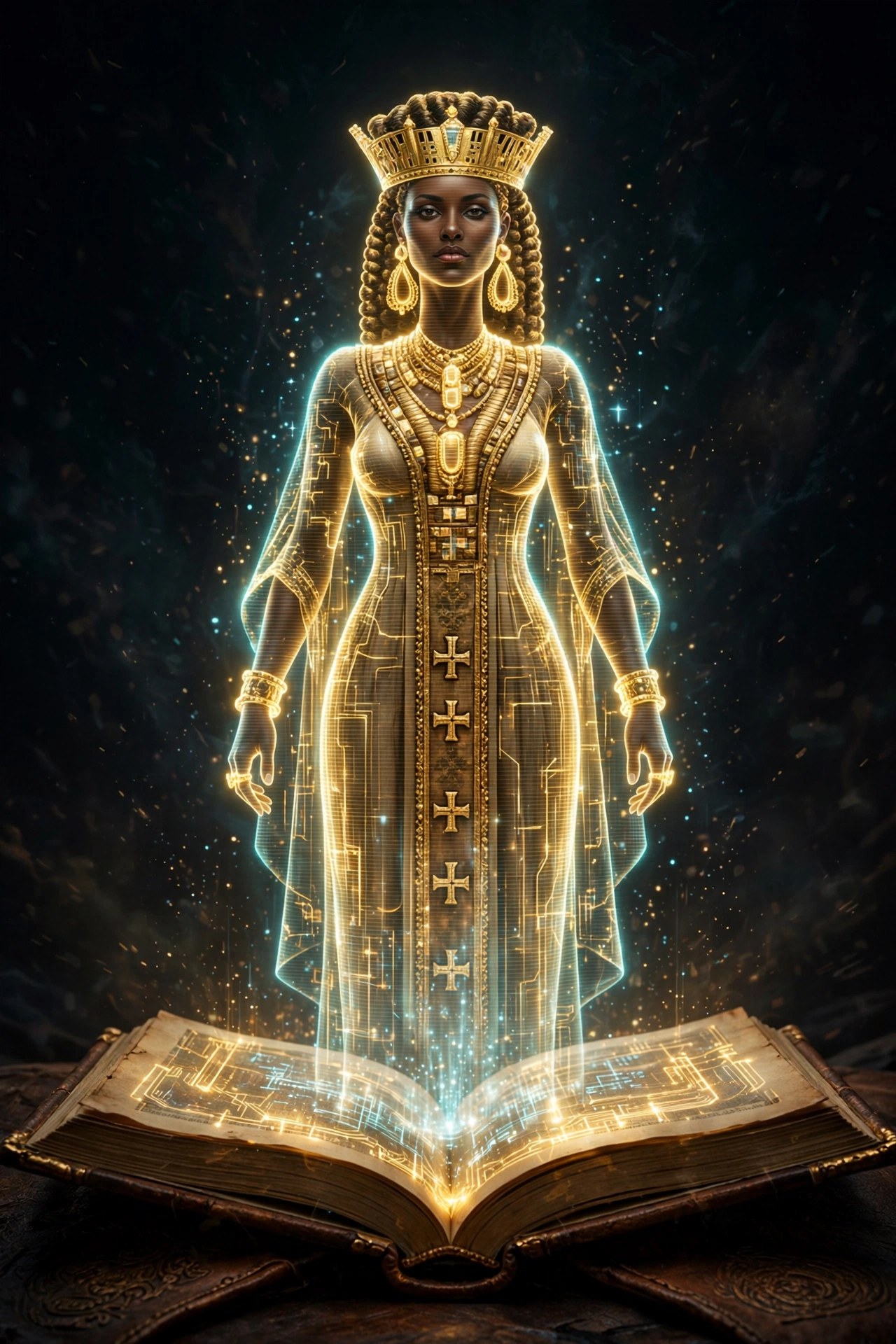 The Queen of Sheba as a golden hologram rising from the open book, bearing her gifts