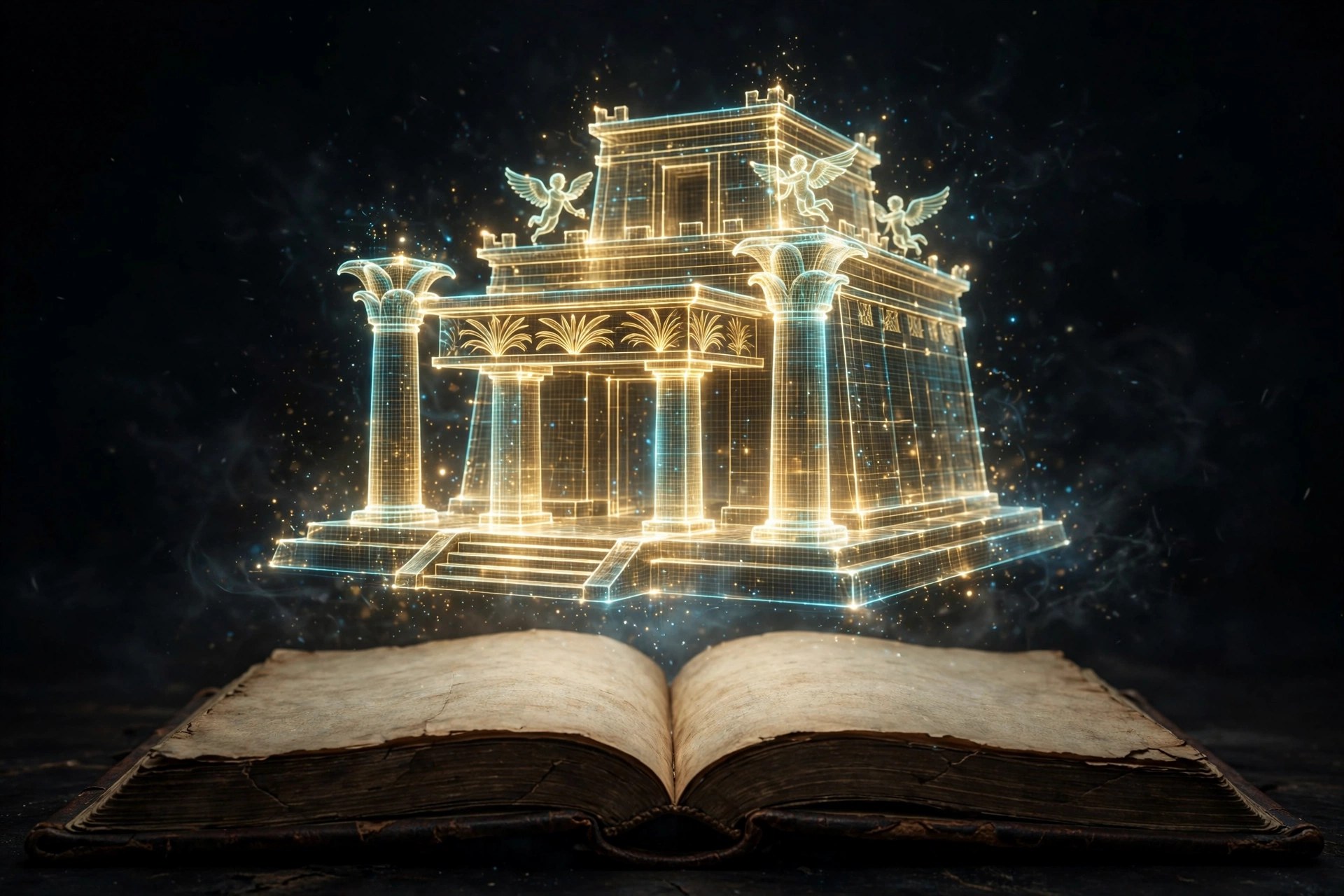 The temple of Solomon as a golden hologram rising from the open book