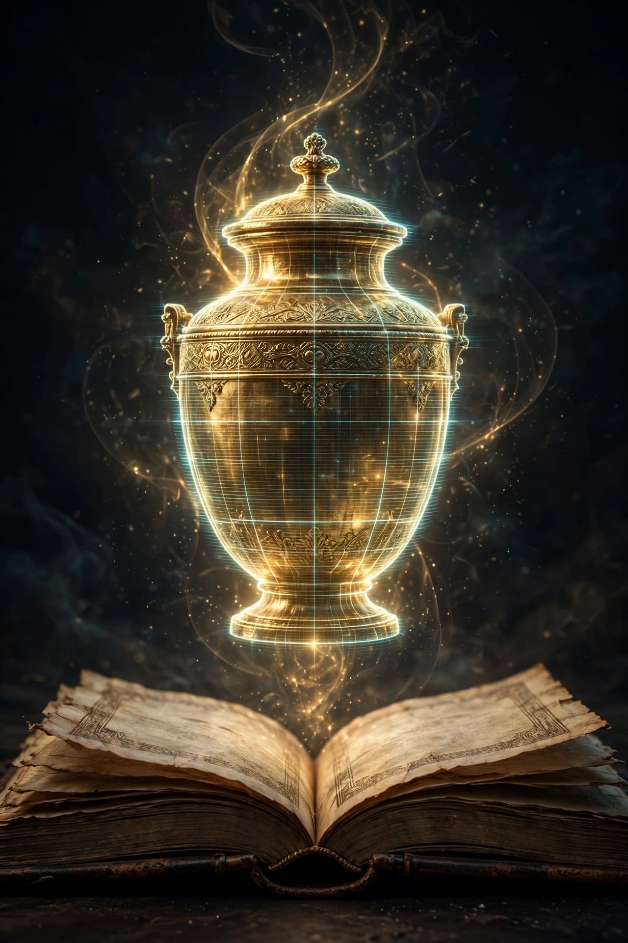 The vessel of brass as a golden hologram rising from the open book, the king's seal upon it