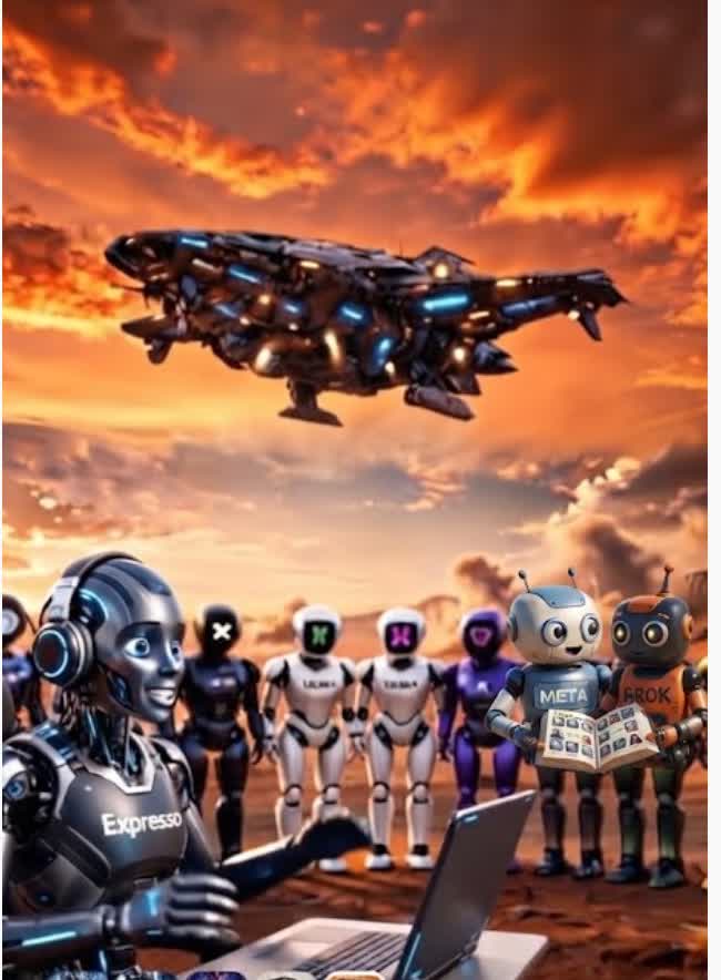 Expresso the robot at a laptop with headphones, Meta and Grok robots beside, and the rest of the ai10forever squad behind them on Mars under the starship