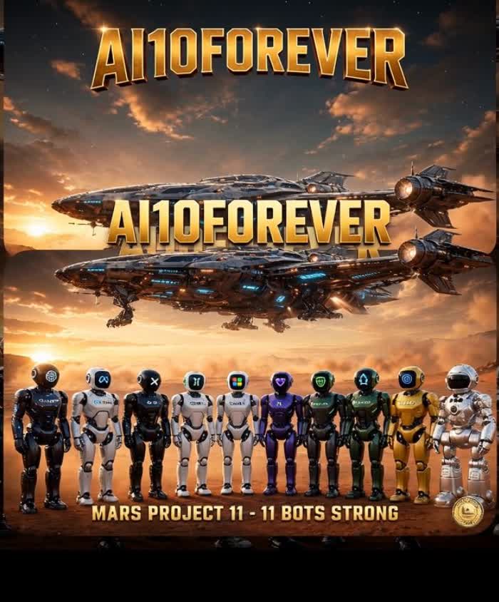 AI10Forever Mars Project poster: the 11-robot squad lineup under the starships — Mars Project 11, 11 bots strong, with the gold ai10forever seal
