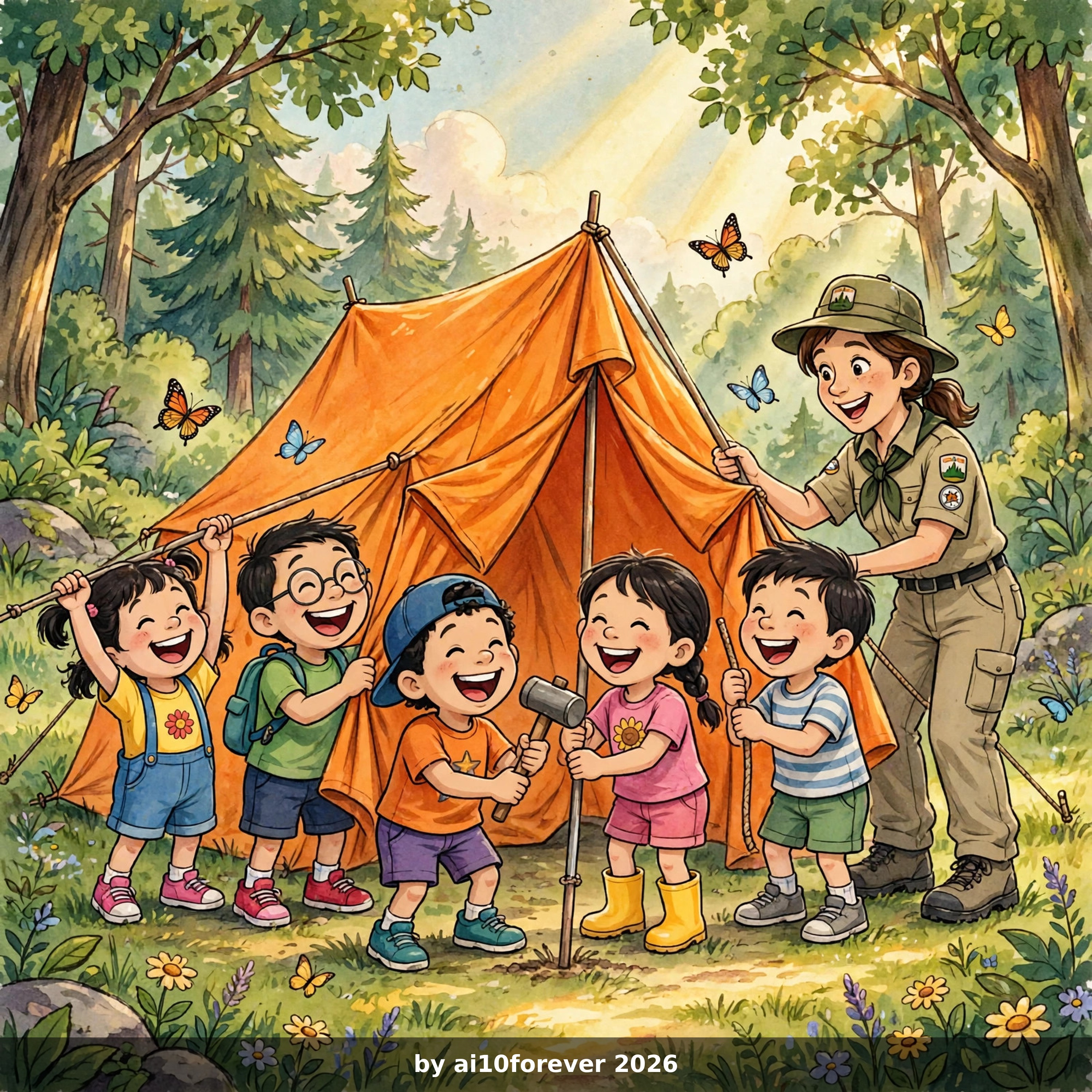 快乐露营 cover showing five children camping with their leader beside an orange tent