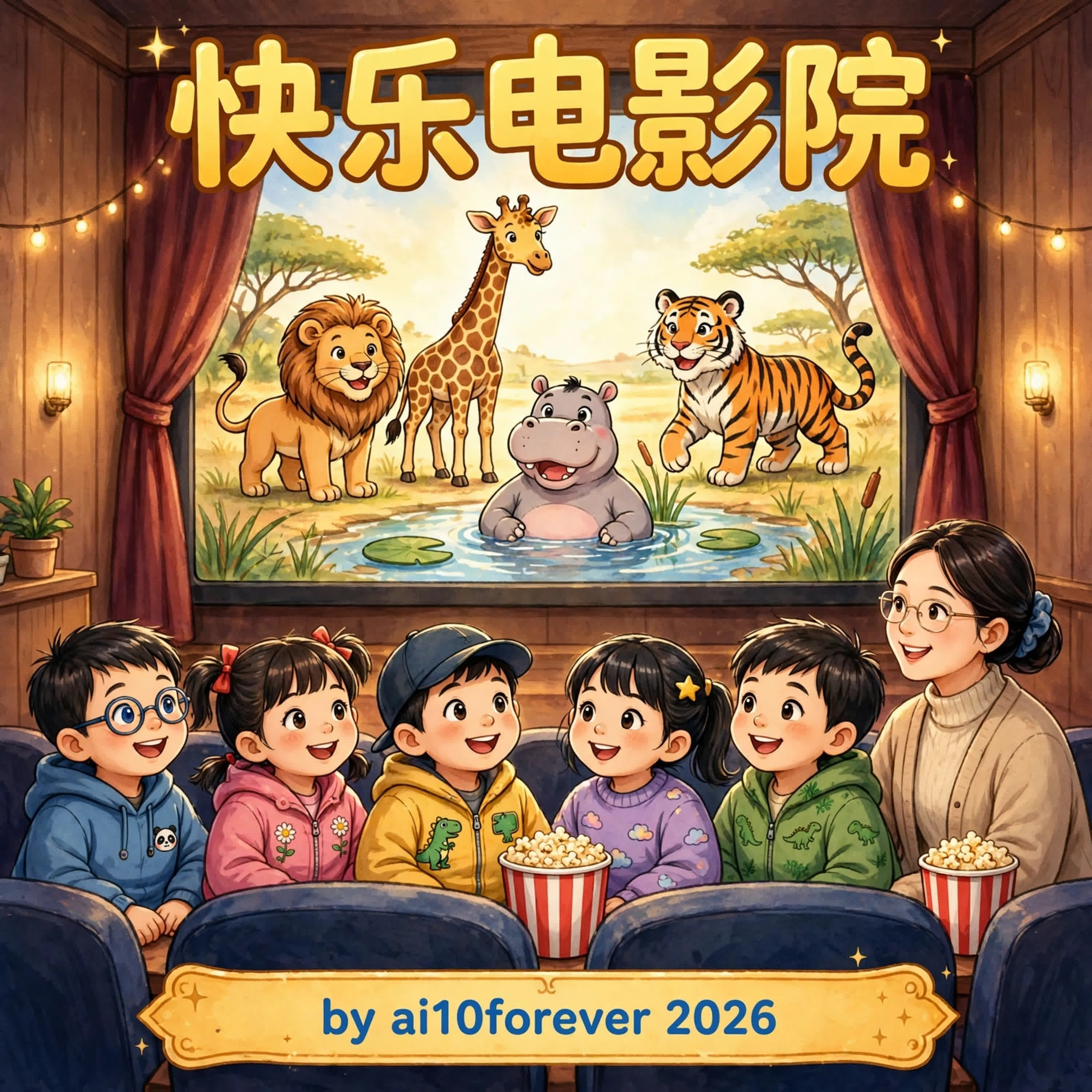 快乐电影院 cover showing five children and their teacher watching animal friends on a cinema screen