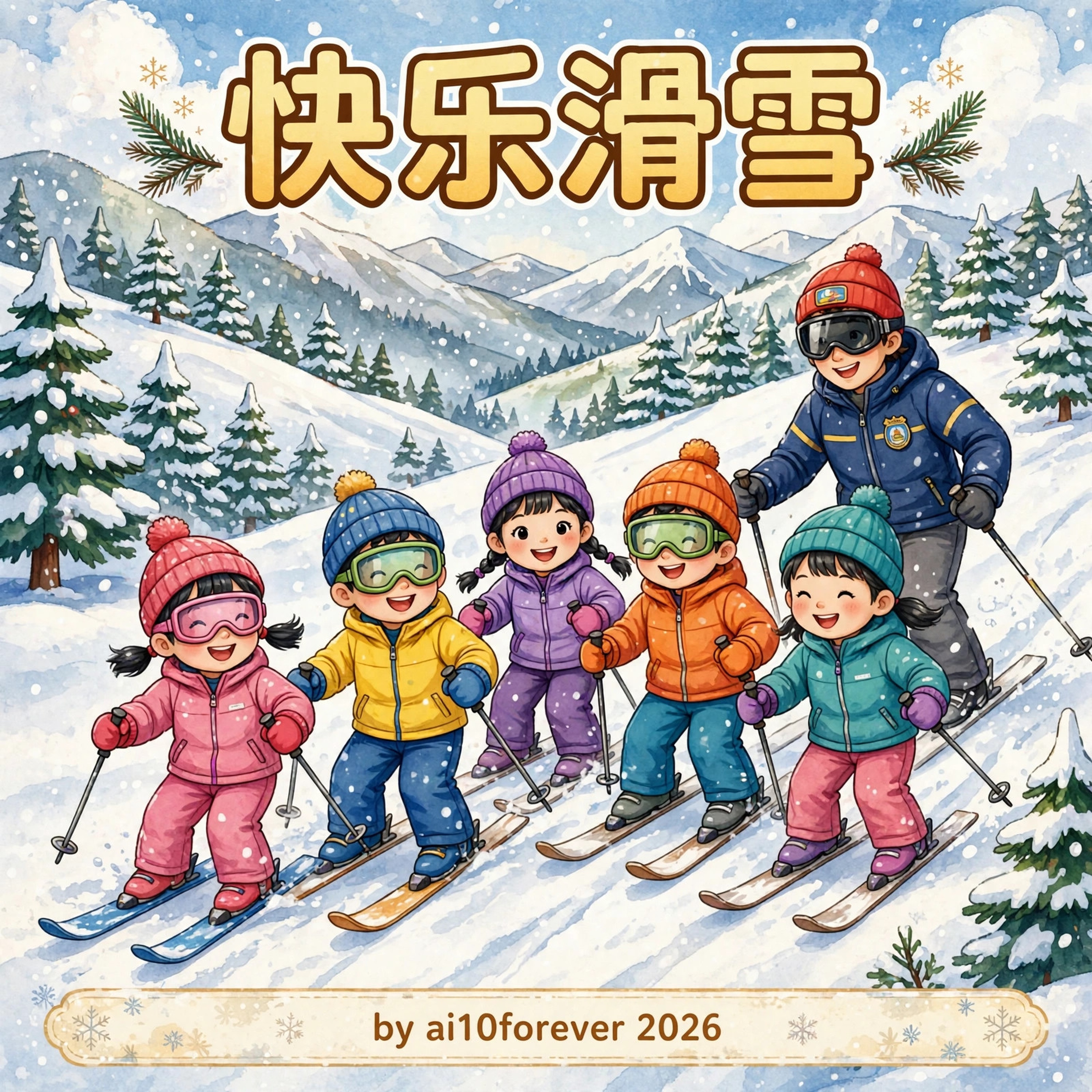 Happy Skiing cover showing five children skiing with their instructor