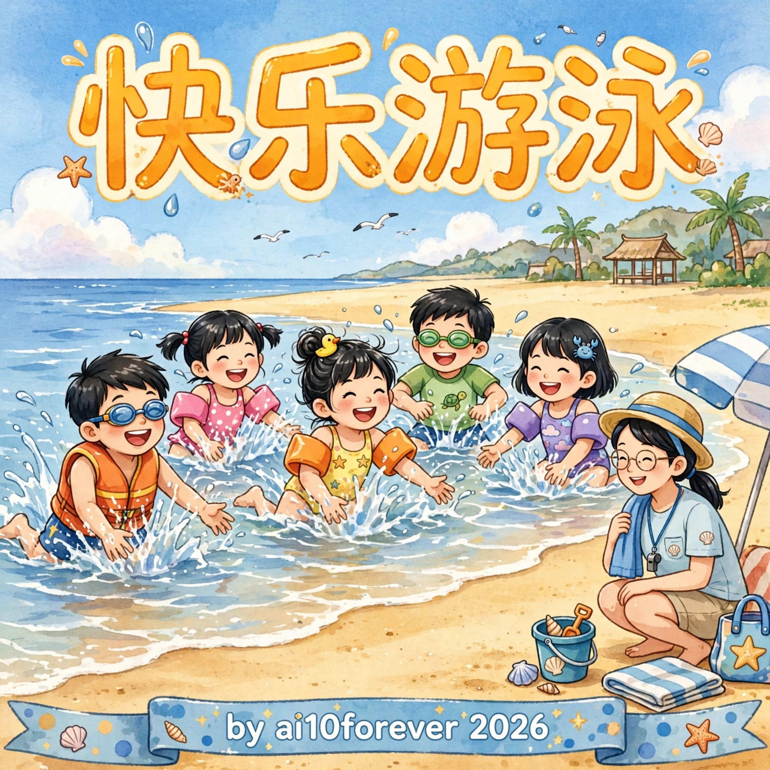 快乐游泳 cover showing five children swimming at a sunny beach with their instructor