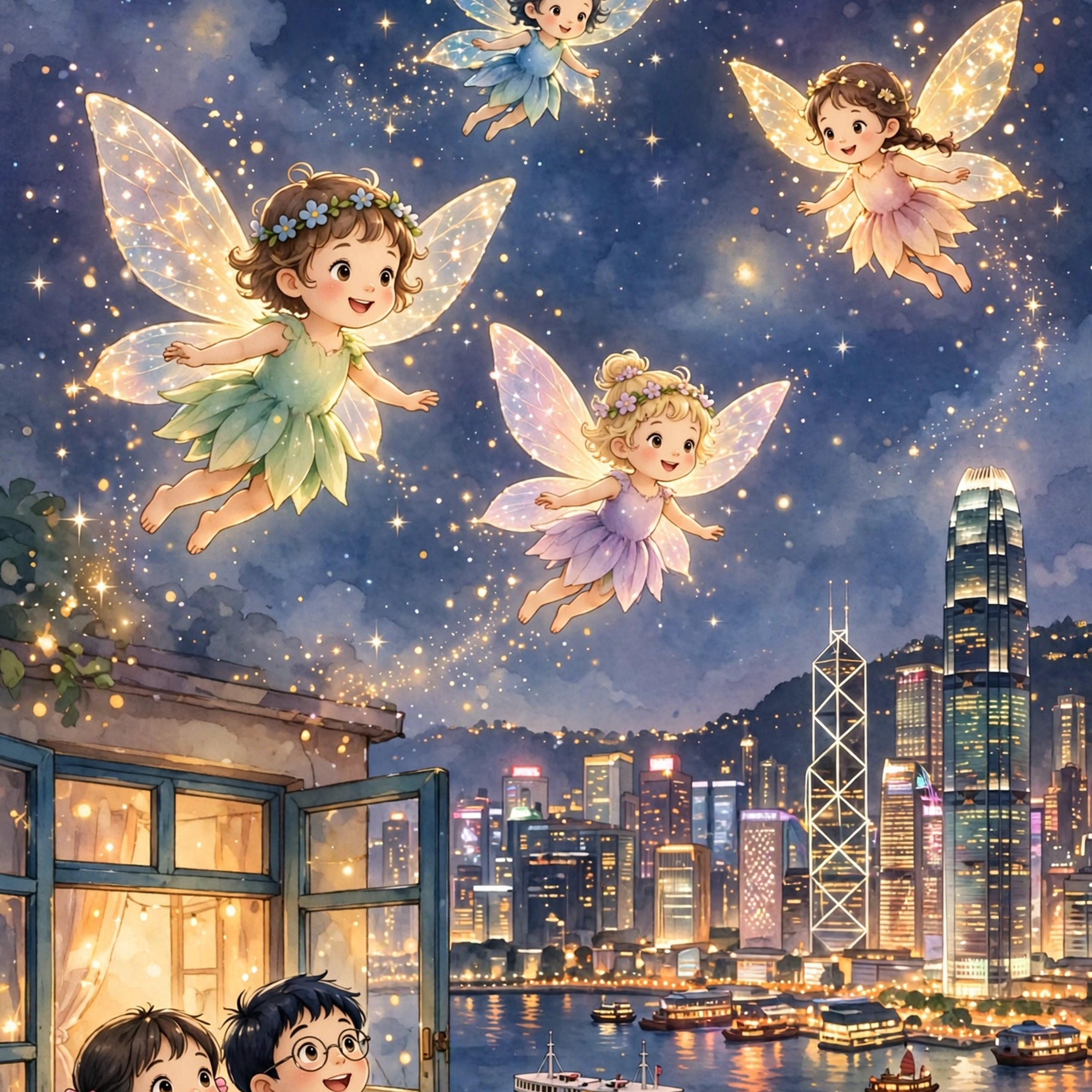 香港的小仙子 cover showing three glowing fairies flying above Hong Kong at night