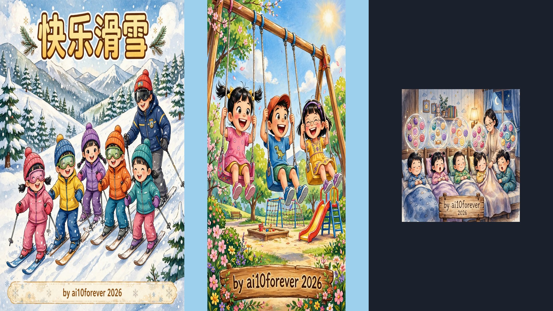 Three kids movies in one — skiing, swings, and bedtime