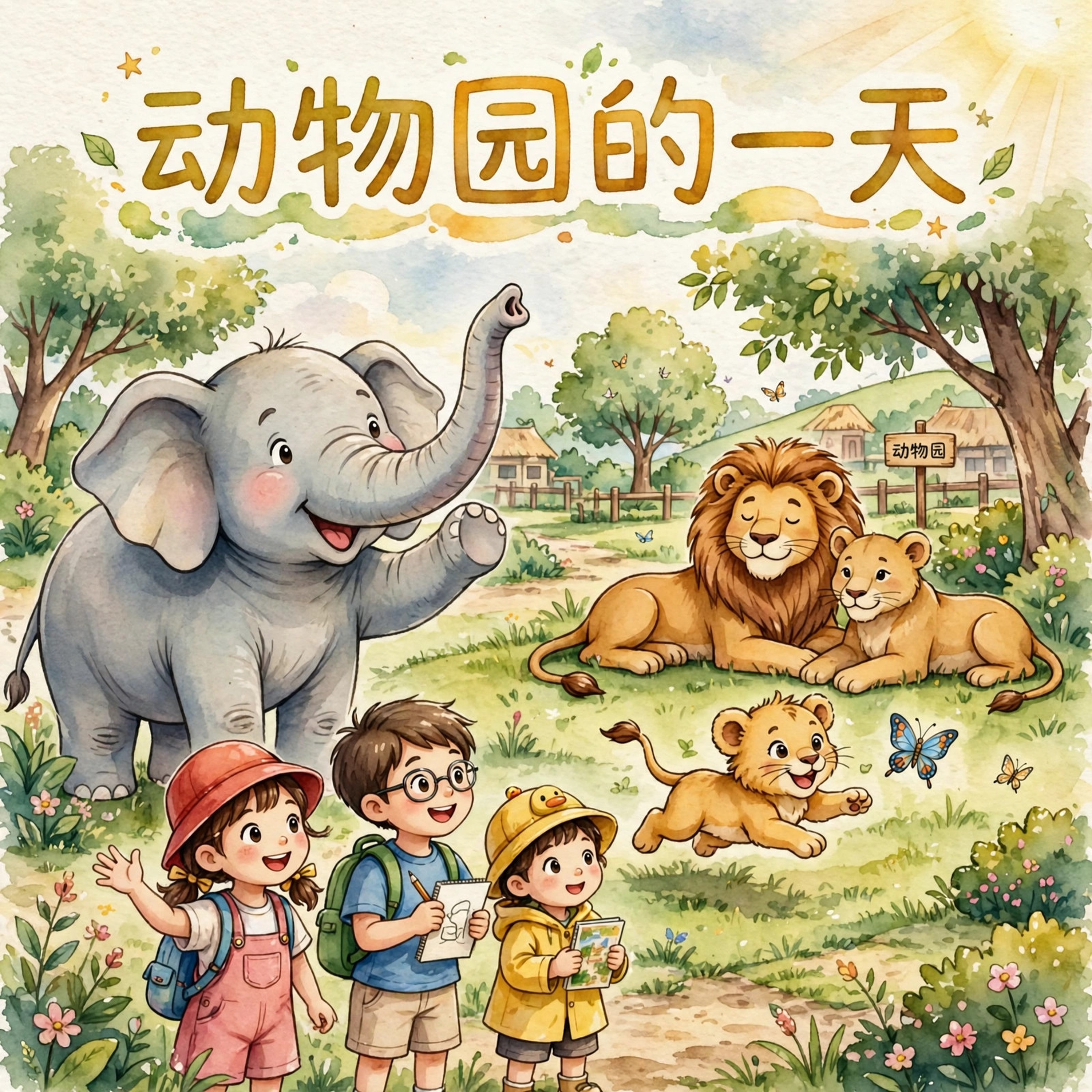 动物园的一天 cover showing children visiting elephants, a lion, giraffes, monkeys, and pandas at the zoo