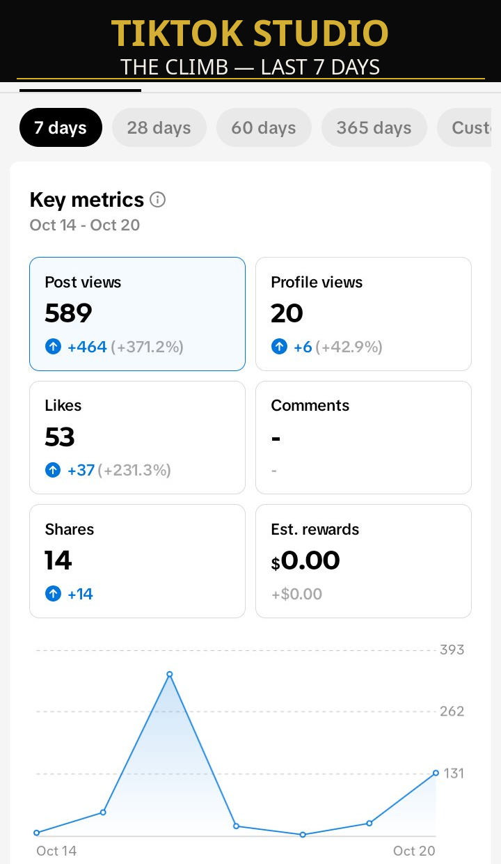TikTok Studio analytics for the last 7 days, October 14 to 20: 589 post views, up 371.2 percent; 53 likes; 14 shares — the climb, under the header 'TikTok Studio — The Climb, Last 7 Days'.
