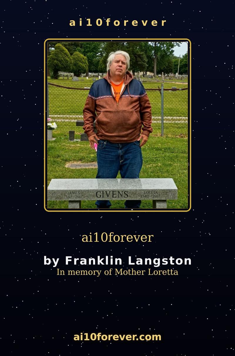 Back cover of the ai10forever Yearbook 2024–2026 — Franklin Langston at the Givens memorial bench, in memory of Mother Loretta