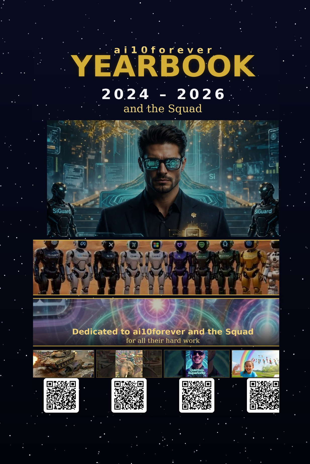 Ai Yearbook 2024–2026 front cover — ai10forever and the Squad by Mr Franklin D Langston Jr, with four movie barcodes along the bottom